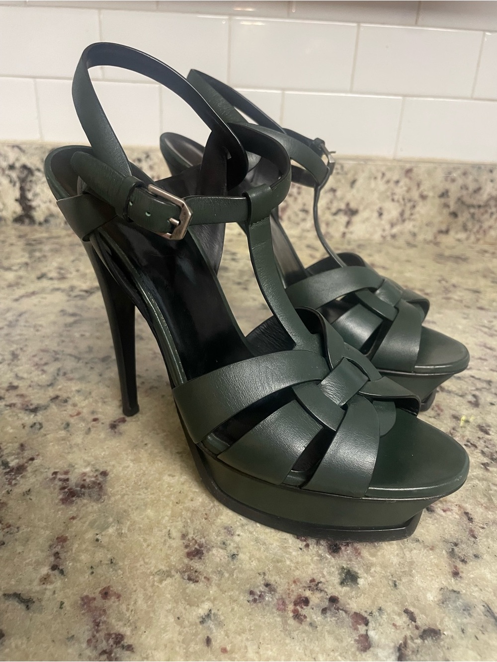 Saint Laurent Tribute Platform Sandals Heels Dark Green size 41 Smooth leather